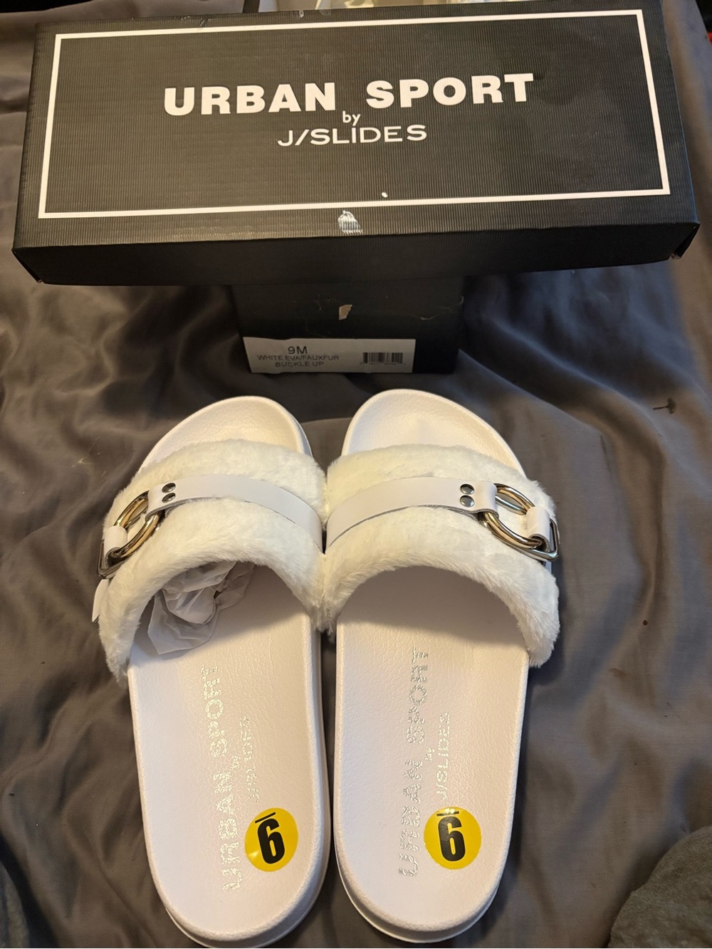 Urban Sport by J/Slides Womens 9M Gold Buckle White Faux Fur Slides Sandal NEW